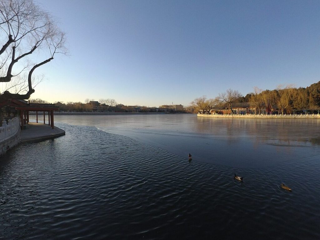 Wide lake view inside Beihai Park near the Forbidden City in Beijing