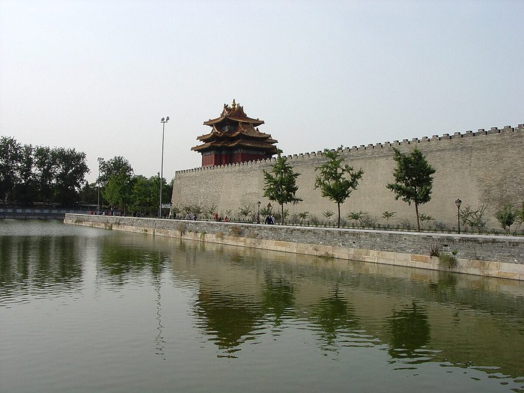Southeast corner tower of the Forbidden City beside the moat in daylight