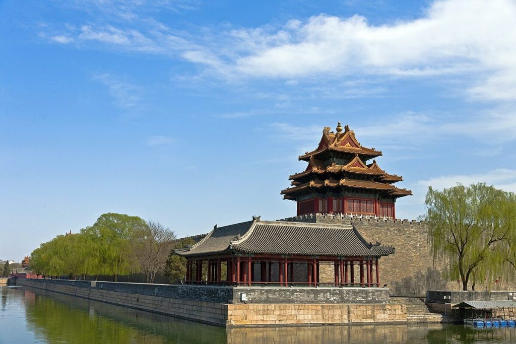 Northwest Forbidden City corner tower and moat from the outside walkway