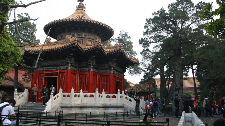 Pavilion and old trees in the Imperial Garden of the Forbidden City