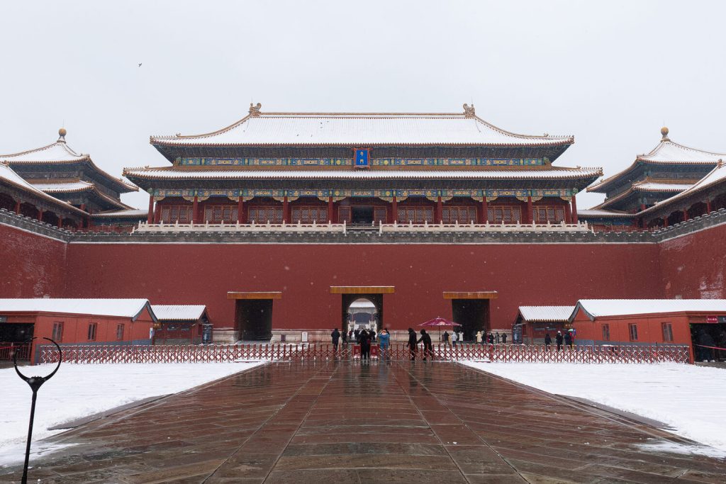 Meridian Gate entrance area covered with snow at the Forbidden City