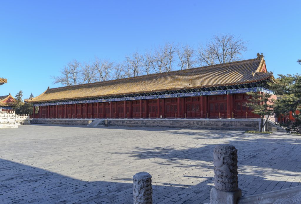 A red-painted east side hall at Beijing Imperial Ancestral Temple in winter light