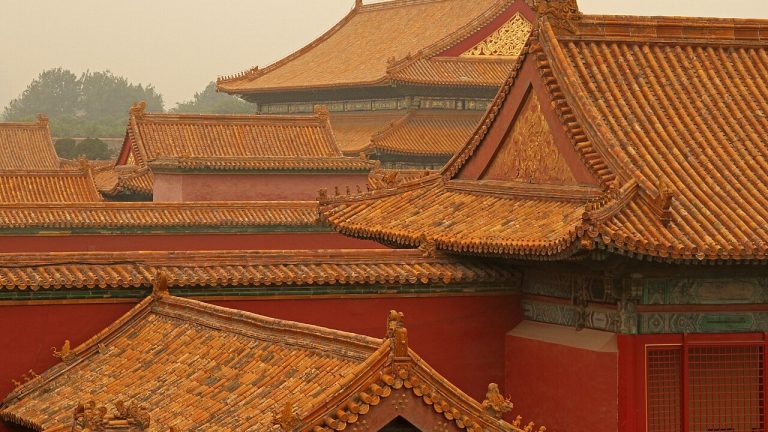 View west toward the Palace of Compassion and Tranquility roofs in the Forbidden City