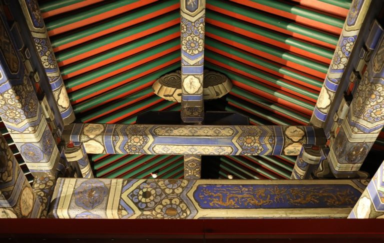 Painted wooden ceiling beams in the Hall of Martial Valor compound